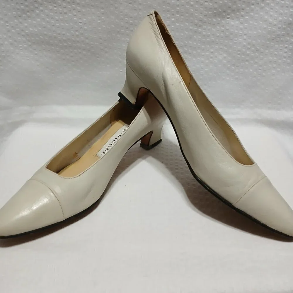 EVAN PICONE RAFFI CREAM NAPPA LEATHER SLIP ON PUMPS BLOCK HEEL SIZE 7.5
